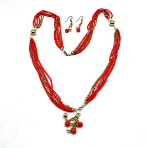 Vintage Long Red Seed Bead Gold Tone Multi Strand Necklace & Dangle Earring Set